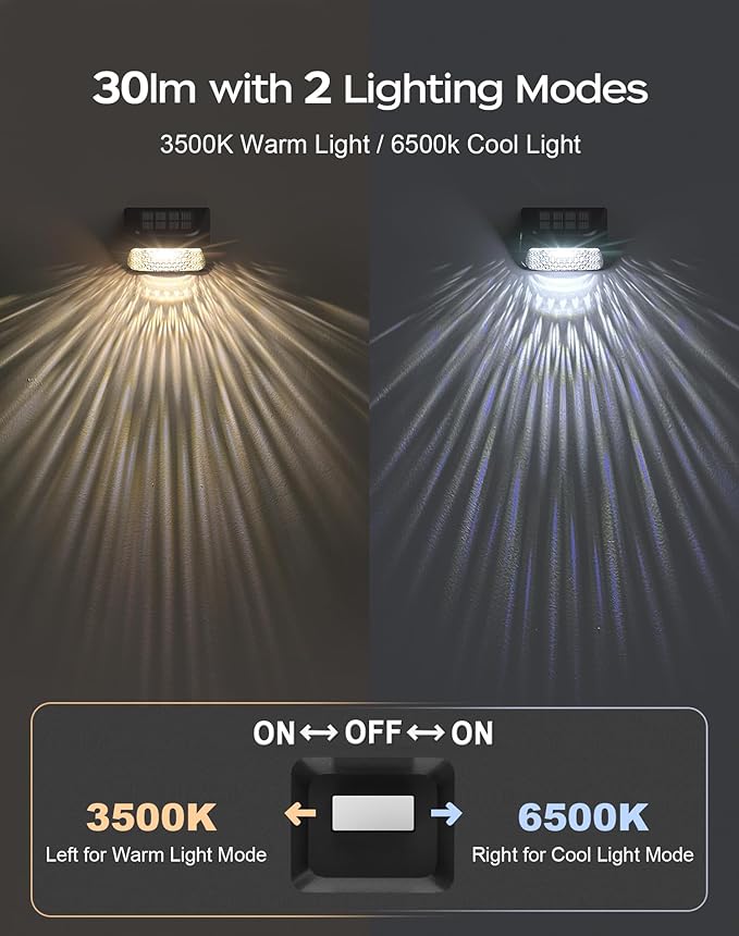 Solar Step Lights 30 LM, 2 Modes Solar Fence Light Waterproof for Wall, Rail, Porch, Backyard, Garden, Decorative Solar Lights for Outside, Garden Solar Lights Decorative 6 Pack