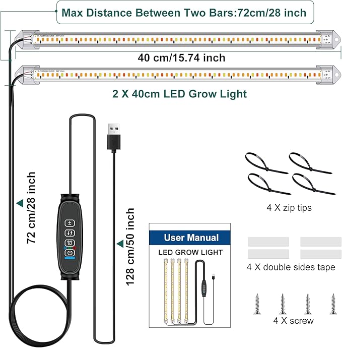 16 in Plant Grow Light Strips,120 LEDs Grow Lights for Indoor Plants Full Spectrum with 3/9/12H Timer & 10 Dimmable Levels,Sunlight Plant Growing lamp for Hydroponics 2 Heads(No Adapter)