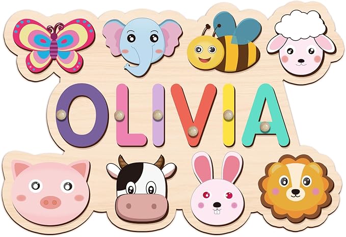 Personalized Name Puzzle for Kids, Customized Wooden Name Animal Puzzle, Baby Gifts, Baby Shower, Montessori Learning Toddler Toys