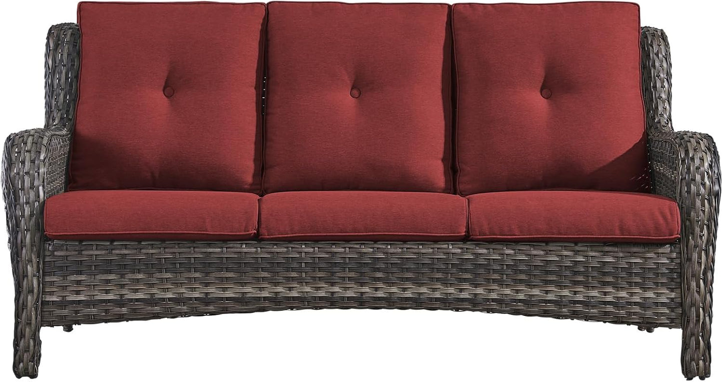 Outdoor Couch Wicker Patio Sofa - 75Inch Rattan Sofa with Hight Backrest Wide Armrest, All Weather Outdoor 3 Seater Seating Wicker Couch for Balcony Proch Deck Backyard Grey/Red