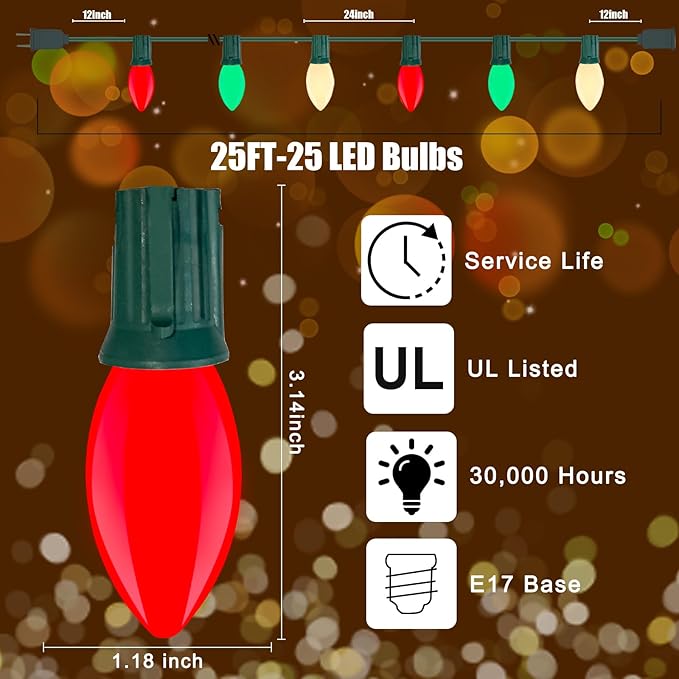 Red Green White LED Christmas Lights, 25FT Waterproof C9 Multicolor Outdoor With 26 Shatterproof Bulbs, Commercial Hanging for Roof Patio Balcony Party Xmas Decor