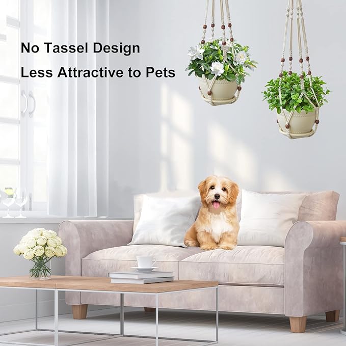 Macrame Plant Hanger with Pot, 3 Set Hanging Planters for Indoor Plants, Handmade Cotton Rope Boho Home Decor, Idea Gift for Anyone, Includes Plant Holders, Pots, Plates and Hooks (Ivory)