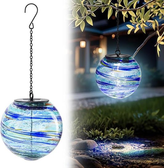 VCUTEKA Solar Chandelier Outdoor, Hanging Glass Solar Light with Hook Up, Garden Lanterns Decor for Yard, Tree and Patio, Starry Blue