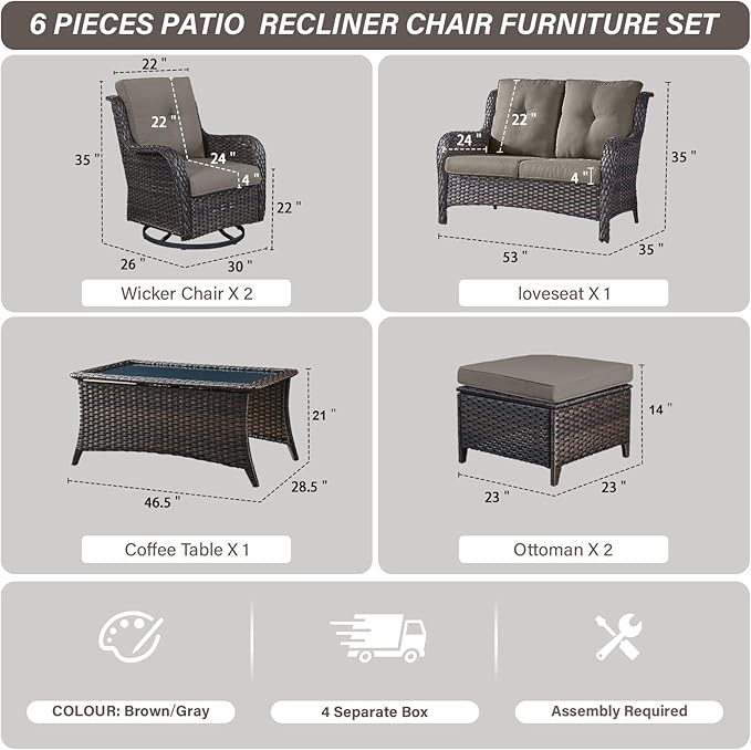 Wicker Outdoor Furniture Patio Furniture Set - 6 Piece Patio Conversation Set with Swivel Rocker Chairs, Loveseat Sofa, Ottomans and Coffee Table, Gray Cushion