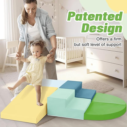 6-Piece Soft PU Leather Toddlers Climbing Toys, Baby Foam Climbing Blocks for Toddlers 3, Foam Play Gym Climbing Structures, Indoor Climb and Crawl Activity Play Set (Light Blue and Green)