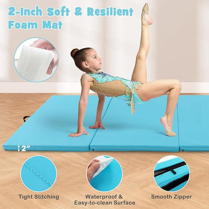 Giantex 4'x10'x 2" Gymnastics Mat, 4-Panel Folding Aerobics Exercise Mat w/Hook & Loop Fastener, Carrying Handle, Portable Tumbling Mat for Stretching Yoga Cheerleading Martial Arts