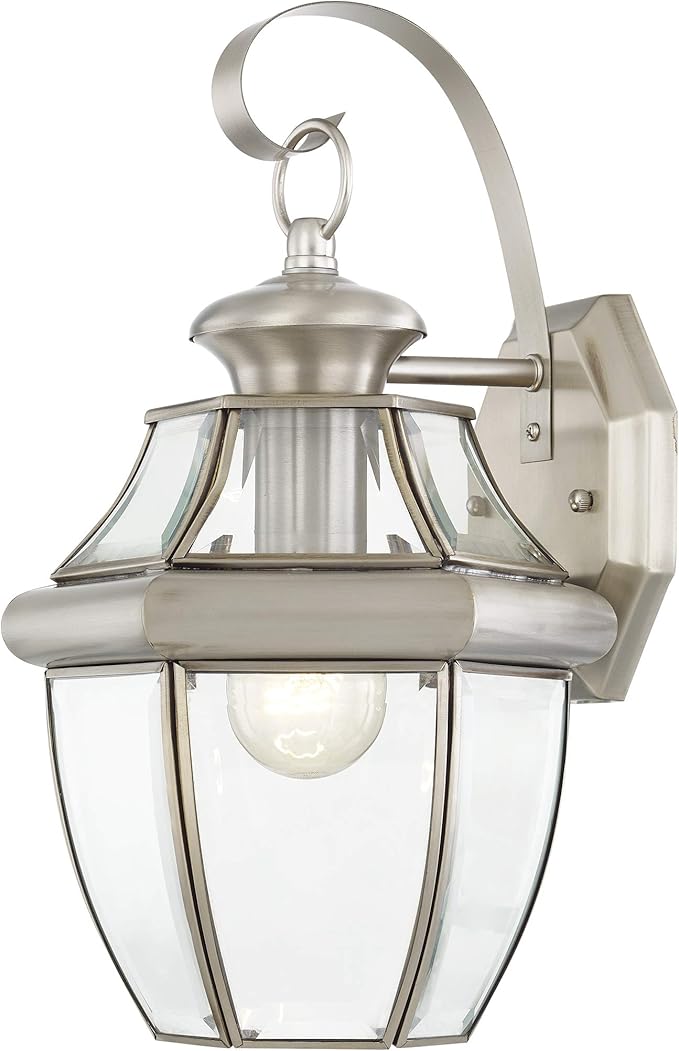 Livex Lighting 2151-91 Monterey 1 Light Outdoor Brushed Nickel Finish Solid Brass Wall Lantern with Clear Beveled Glass 13" x 8.5" x 8.25"