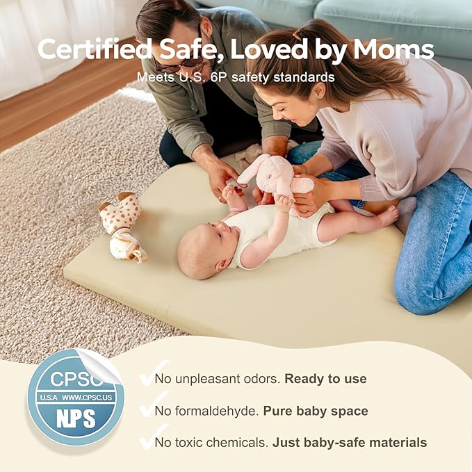 Baby Mat for Floor, Thick Soft Non-Toxic Vegan Leather Baby Play Mat, Waterproof Foam Play Mat, Padded Play Mat for Baby, 50x50 Playpen Mat, Infant Playmat for Baby Girls and Boys, Beige