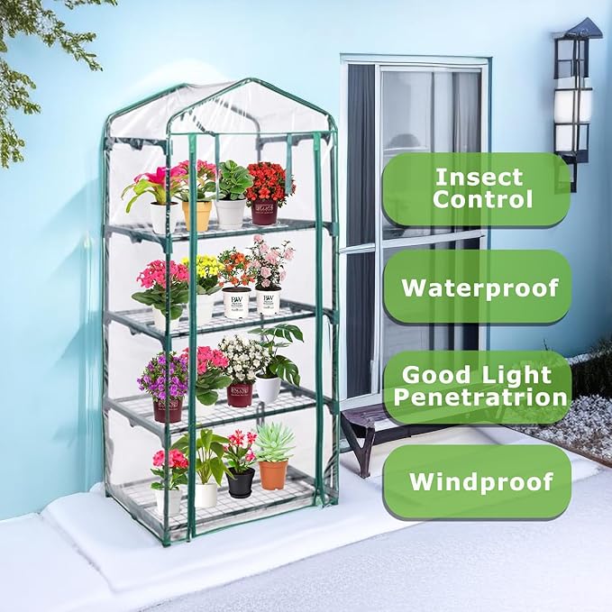 Mini Greenhouse for Indoor Outdoor, Plant Green House 4-Tier Rack Stand Portable Greenhouses with Durable PVC Cover for Seedling, 2.5x1.6x5.2 FT,(PLGH704P)