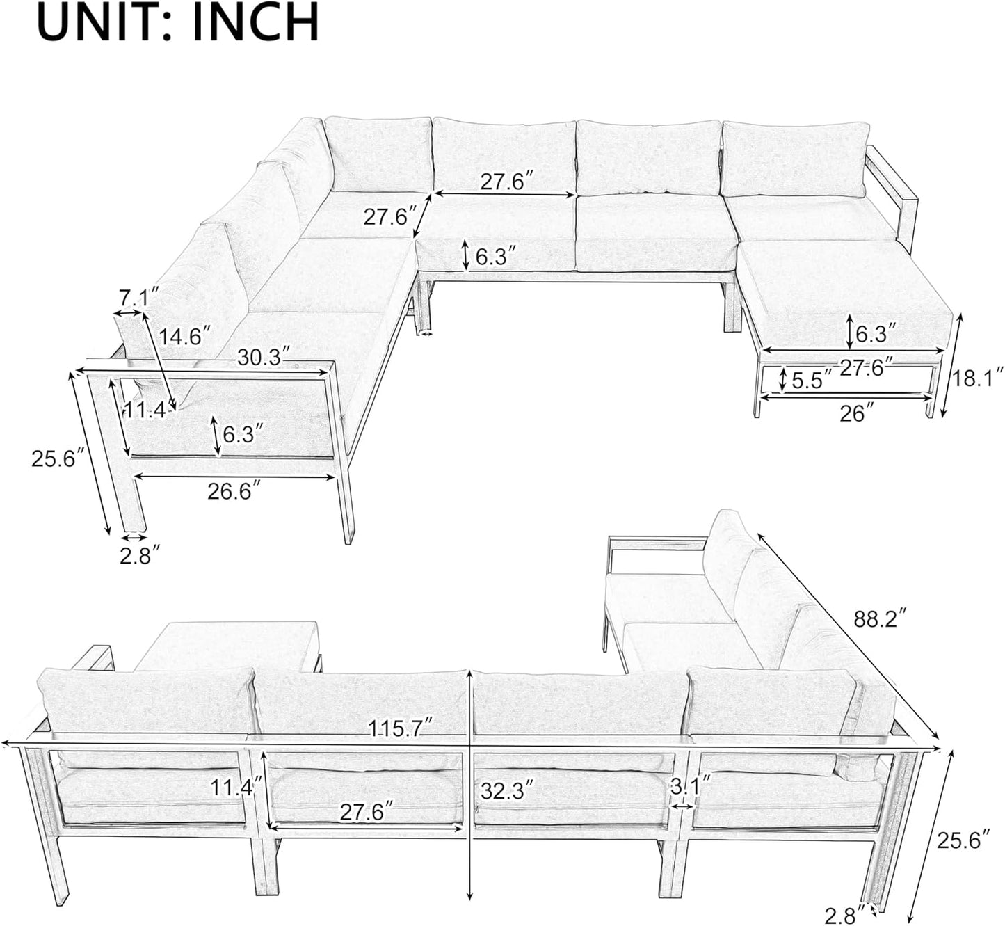 Multi-Person Outdoor Sofa Set, U-Shaped Aluminum Outdoor Sofa Set with Thick Cushions and Backrests, Modular Patio Sofa Set for Gardens, Backyards, and Balconies (Grey * 069)