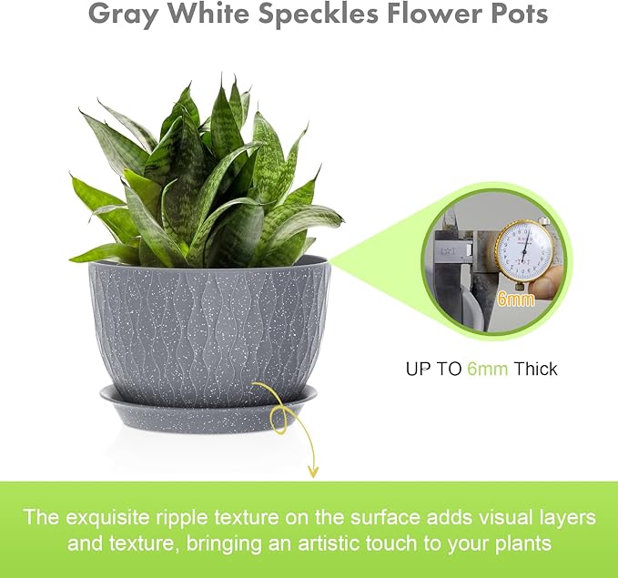 Large Flower Pots 12/10/9 inch, 3 Set Big Plant Pots for Outdoor Indoor Plants with Water Ripples, Wide Plastic Planters with Drainage Holes and Saucers for Garden House Plants, Speckled Grey