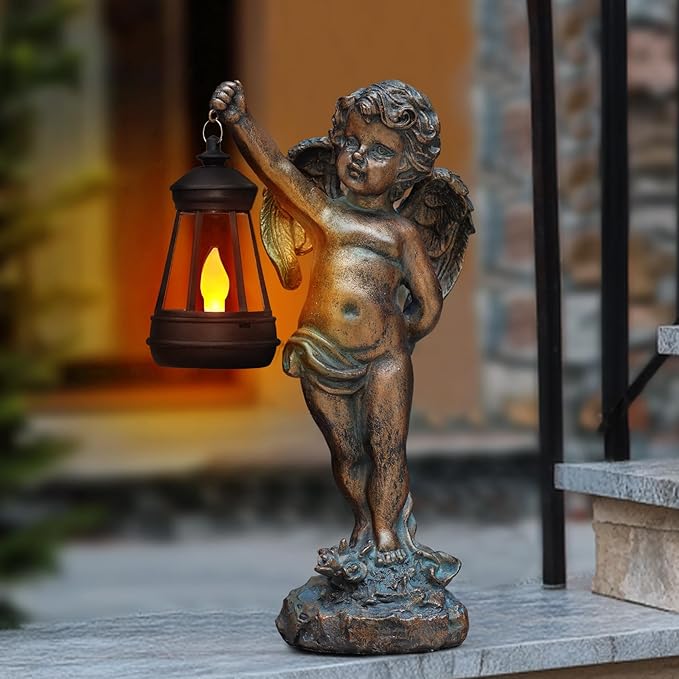 MININOVA Angel Statues Garden with Solar Lantern Outdoor Cherub Decorations Patio Yard Lawn Ornaments Housewarming Gifts for Mom Grandma Women