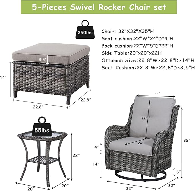 Outdoor Wicker Patio Furniture Set - 5 Pieces Rattan Patio Conversation Set with 2 Rocking Swivel Chairs,2 Ottomans and 1 Side Table for Porch Deck Backyard Garden(Mixed Grey/Grey)