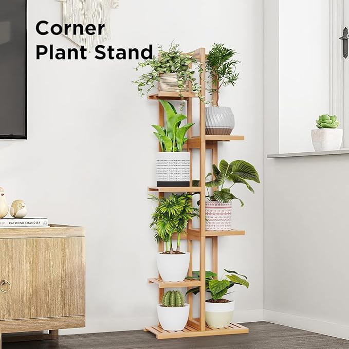 H HOMEXIN Bamboo Plant Stand Rack - Indoor & Outdoor Plant Stand 6 Tier 7 Potted Multiple Flower Planter Pot Holder Shelf Rack Display for Patio Garden Corner Balcony Living Room