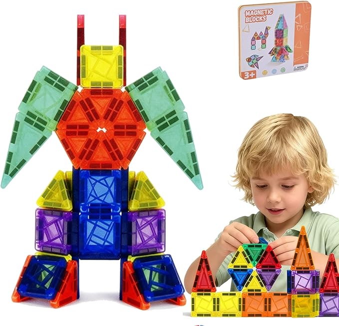 60PCS Mini Magnetic Tiles Building Blocks Set with Portable Iron Case, STEM Travel Toys for Kids Ages 3+, Educational Magnet Construction Puzzles for Boys and Girls,Toddler Puzzle Birthday Gift Toys