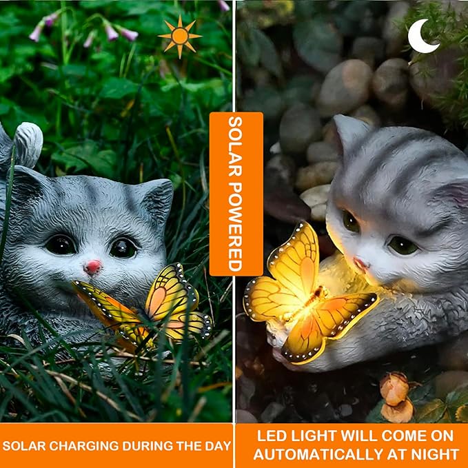 Solar Outdoor Garden Statues Decor-Cat Statue with Solar Butterfly Light for Patio Balcony Yard Lawn Ornament Thanksgiving for Mom Grandma Kids Friends, Cat B with Warm Light