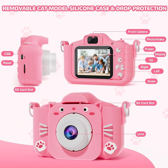 Kids Camera, Toys for Ages 3-7, Camera for Kids, Present for 3 Years+ Old Girls, Kids Camera with Cute Silicone Sleeve, 1080p Video Recording, Multi-Frame & Filter, Girl Toys, Pink