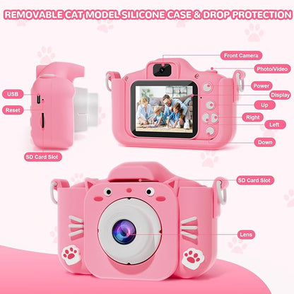 Kids Camera, Toys for Ages 3-7, Camera for Kids, Present for 3 Years+ Old Girls, Kids Camera with Cute Silicone Sleeve, 1080p Video Recording, Multi-Frame & Filter, Girl Toys, Pink