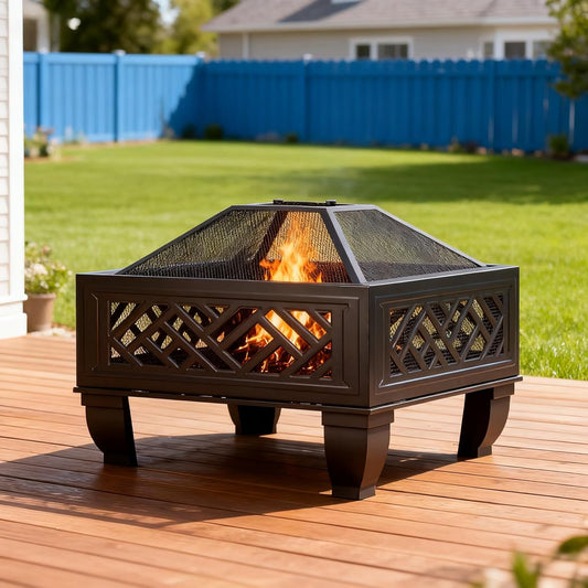 Breezz Update Version 26 Inch Wood Burning Fire Pit with Cooking Grill and Spark Screen, Outdoor Metal Firepit for Patio, Backyard, Bonfire Party, Camping and Garden