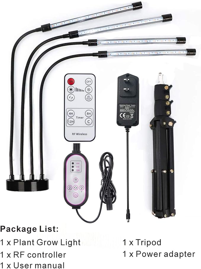 Plant Grow Light with Stand, 4 Heads Red Blue Spectrum Grow Lamps with 15-63" Adjustable Tripod Stand, 4/8/12H Timer, 3 Switch Modes, Indoor Plant Light with Remote Control