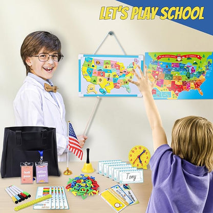 Gifts2U Pretend Play School Sets for Kids - With Teacher Bag, Whiteboard, Learning Clock, Educational Posters and Teaching Toy Supplies.