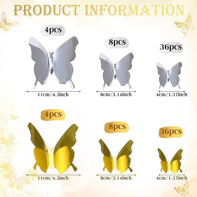 BBTO 48 Pieces Butterfly Wall Decor DIY Mirror 3D Butterfly Stickers Removable Decals for Home Bedroom School Bathroom Living Room Decor(Gold,Silver)