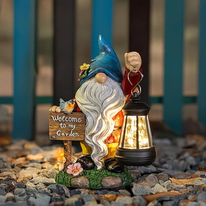 C&Y&G&X Solar Garden Gnome Statue – Waterproof Outdoor Decor with Solar Lantern LED Lights and Welcome Sign for Yard, Lawn, Patio – Ideal Gift for Grandma Mom Women