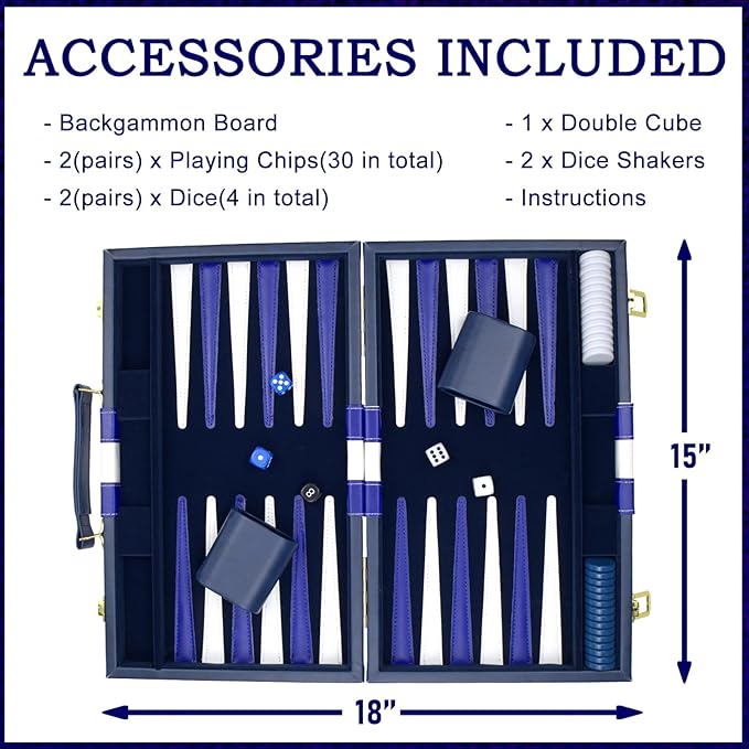 Backgammon Sets for Adults, 15 inch Backgammon Blue Sets Classic Board Game with Premium Leather Case, Portable Travels Strategy Backgammon Game Set for Adults, Kids (Blue)