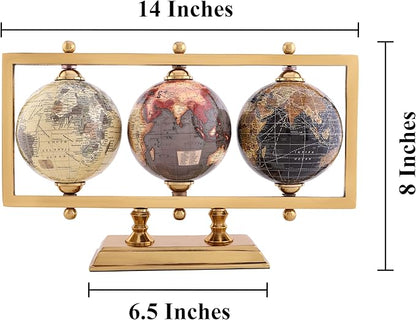 Rely+ Set of 3 4'' World Globes Sturdy Metal Gold Stand (NOT PLASTIC!) - Rotating Desktop Globe For Geographic Home Decorative Desk Table Office Gift - Book Shelf Decor World Globe - Landscape