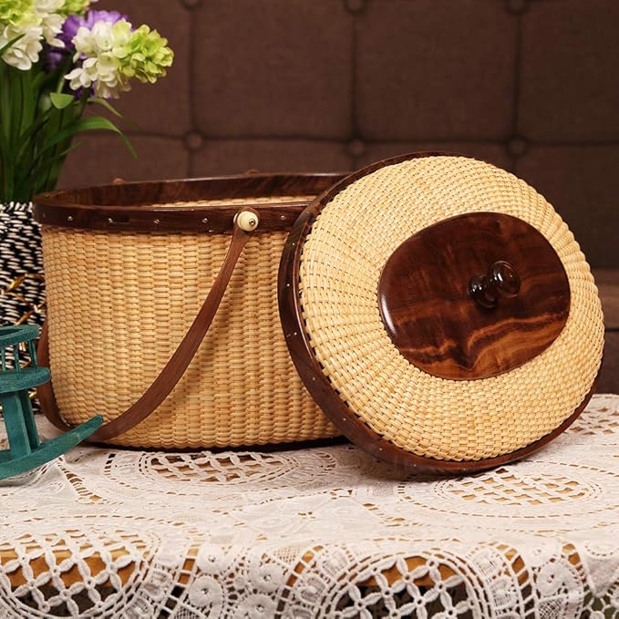 Nantucket Style Basket Picnic Basket Rattan Handmade Products Woven Sewing Storage Basket Two Swing Handles Tote Bag for Women