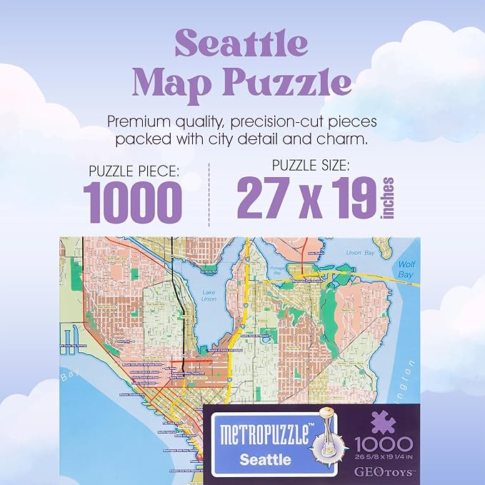 GeoToys Metropuzzle, Seattle Map Jigsaw Puzzles 1000 Pieces - 27 x 19 Detailed Geography Puzzle, Challenging Adult Puzzle, Fun Puzzles for Adults, Map Poster Included for Adults