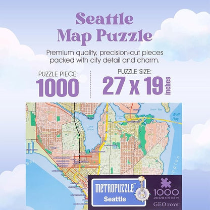 GeoToys Metropuzzle, Seattle Map Jigsaw Puzzles 1000 Pieces - 27 x 19 Detailed Geography Puzzle, Challenging Adult Puzzle, Fun Puzzles for Adults, Map Poster Included for Adults