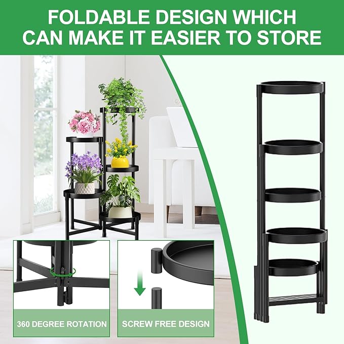 Plant Stand Indoor Outdoor,5 Tier Foldable Corner Tall Plant Shelf for Multiple Plants,Black Metal Tiered Plant Stand Sturdy and More Balanced,for Garden Patio Lawn Balcony