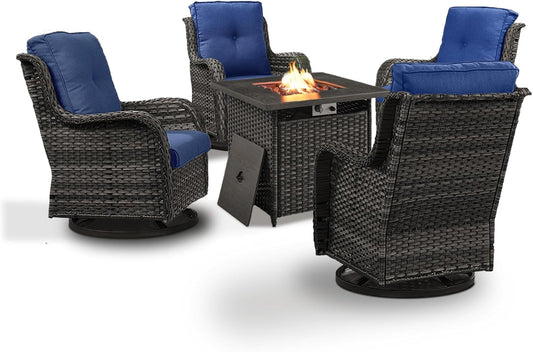 5 Pieces Patio Wicker Furniture Set - 4 Outdoor Swivel Rocker Glider Chairs with 50000BTU Propane Fire Pit Table, Warm Patio Conversation Set Blue Cushion Perfect for Casual Gathering