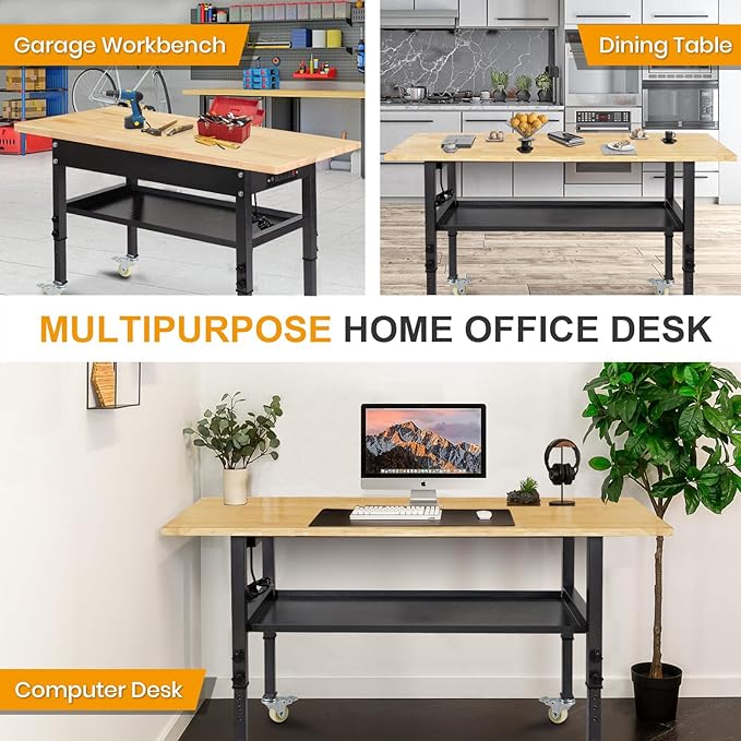 48"/60'' Adjustable Workbench, Rubber Wood Top Work Bench Heavy-Duty Work Table with Power Outlet, Wheels, Partition 2000 LBS Load Capacity Hardwood Work Benches for Garage, Workshop, Home, Office