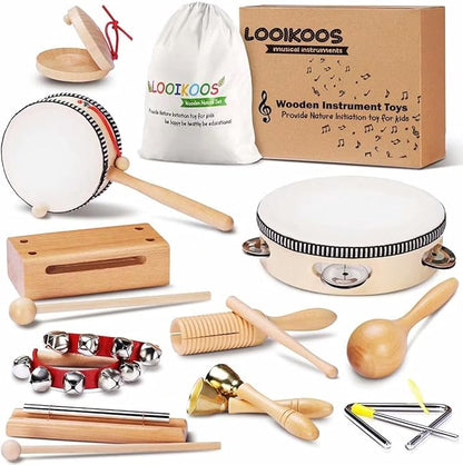 LOOIKOOS Toddler Musical Instruments Montessori Natural Wooden Percussion Instruments for Kids Preschool Educational Musical Toys Set for Boys and Girls with Storage Bag