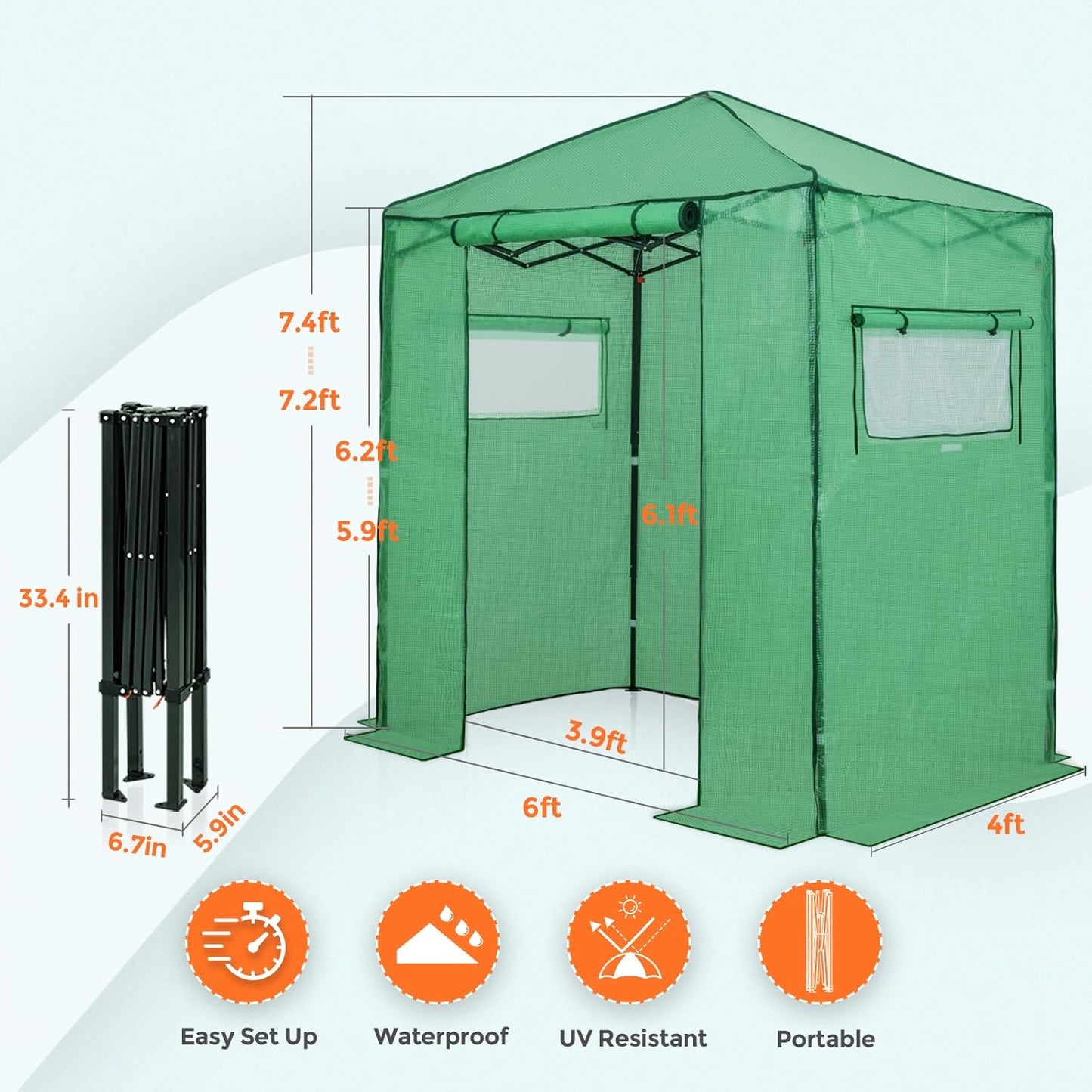 EAGLE PEAK 6x4 Portable Walk-in Greenhouse, Pop-up Indoor Outdoor Garden Green House, Zippered Door and Windows, PE Cover, Green