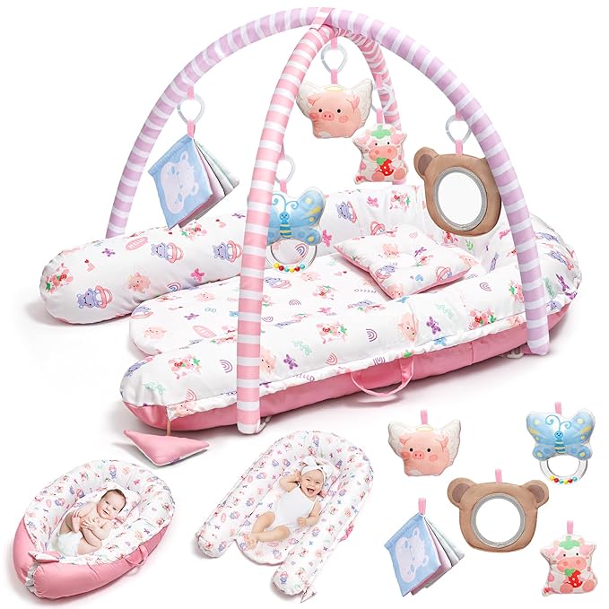 Pink Baby Play Mat, 7-in-1 Tummy Time Activity Gym Mat for Sensory and Motor Development, Washable Baby Lounger, Portable Newborn Nest for Home & Travel, Babies Gift for Infant 0-3-6-9-12-18 Months