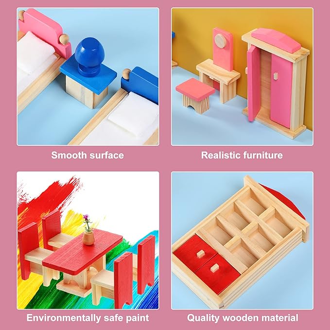 Sumind Wooden Doll House Furniture and Accessories Set With 27 Pieces Furniture, 8 Family Figures for Dollhouse Family Set