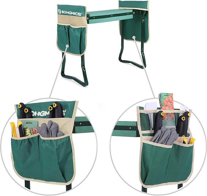 SONGMICS Garden Kneeler and Seat, Multifunctional Garden Kneeling Bench, Gardening Gifts for Women Men, Folding Gardening Stool, with 2 Tool Bags, 6-Inch Wide Kneeling Pad, Dark Green UGGK50L