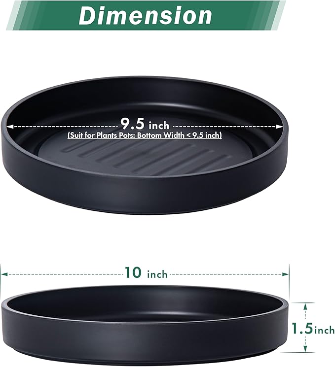 Phoenix Vine 10 Inch Plastic Plant Saucer Water Drip Tray, Heavy Sturdy Round Plant Drainage Tray for Indoors Outdoor, Set of 2, Matte Black, 21-TY-10B-2