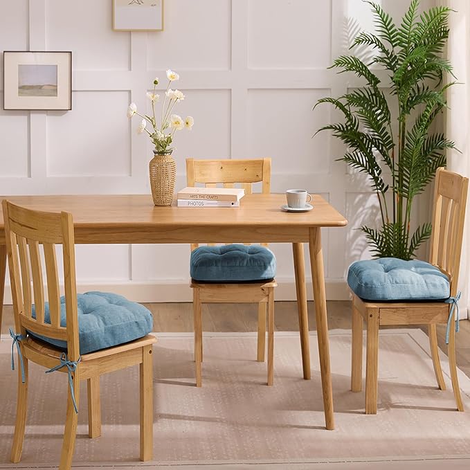 Chair Cushions for Dining Chairs, Dining Chair Cushions, Tufted Indoor Chair Pads with Ties & Non Slip Backing, Seat Cushions for Kitchen Chairs 16.5” x 16.5” x 3.5”, Set of 4, Light Blue