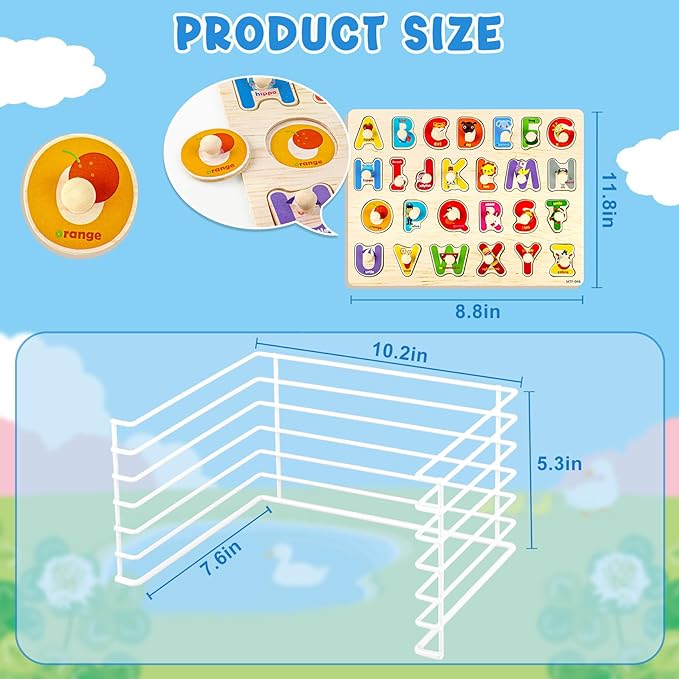 6 Pack Wooden Puzzles for Toddlers, Peg Toddler Puzzles Include Alphabet Number Shape Animals Vehicle Farm Puzzles with Storage Rack Preschool Educational Learning Toys for 1 2 3 4 5 Boys Girls
