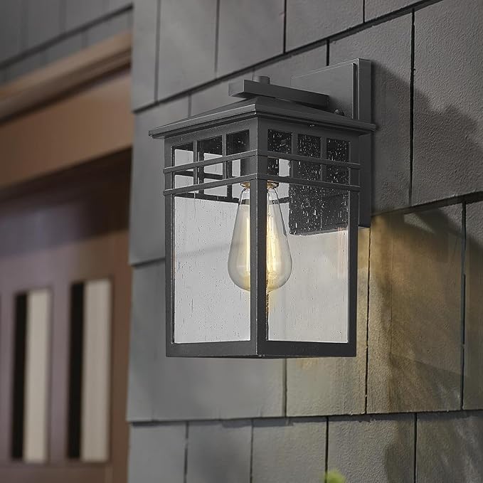 Outdoor Light Fixture Wall Mount, Modern Exterior Lights Fixture Wall Sconces with Seeded Glass for Front Porch, Farmhouse Rustic Waterproof Lantern Lamp in Black Finish for Home, Barn, Garage