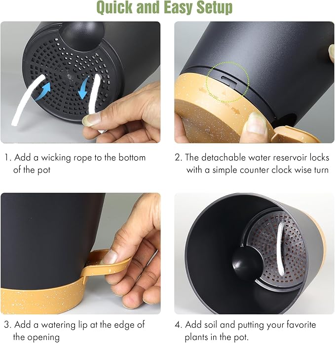 4 inch Self Watering Pots for Indoor Outdoor Plants, 6 Pack Plastic Flower Planters with Drainage Holes and Removable Saucers, Plant Pots with Wicking Rope, Modern Decor, Black Brown