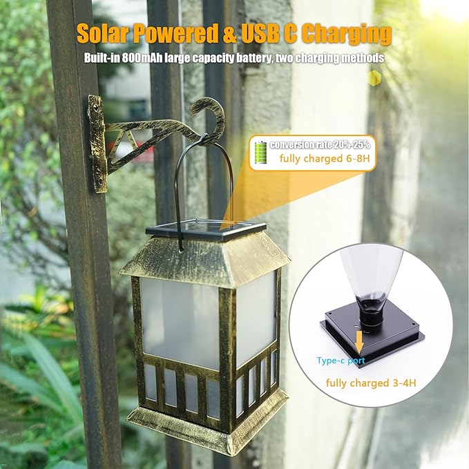 Solar Lanterns Outdoor Waterproof, 3D Star Light with Flashing Mode, Solar & USB C Charging, Metal Hanging Lantern for Wall Landscape Yard Patio Driveway Garden Decor, Warm Light 2 Pack