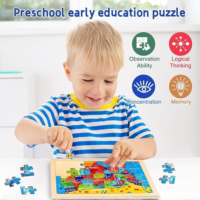Christmas Wooden Puzzles for Toddlers 3-5,6 Packs 24Pcs Jigsaw Wooden Solar System Puzzles for Ages 4-8,Preschool Educational Brain Toys Gifts for Boys and Girls 2 4 3 5 Year Old（World Map）
