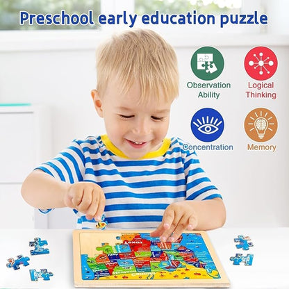 Christmas Wooden Puzzles for Toddlers 3-5,6 Packs 24Pcs Jigsaw Wooden Solar System Puzzles for Ages 4-8,Preschool Educational Brain Toys Gifts for Boys and Girls 2 4 3 5 Year Old（World Map）