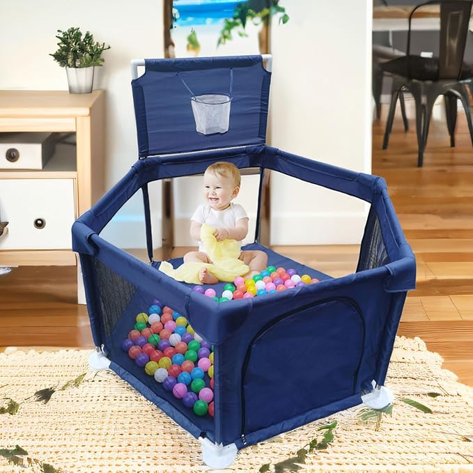Portable Baby Ball Pit Playpen Playard Fence Playtent with Basketball Hoop Breathable Mesh for Indoors Outdoors Toddler Kids Large Blue 6-Panel