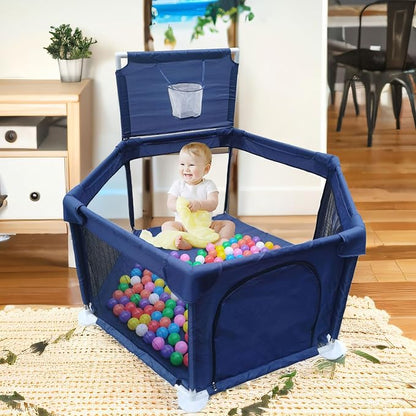 Portable Baby Ball Pit Playpen Playard Fence Playtent with Basketball Hoop Breathable Mesh for Indoors Outdoors Toddler Kids Large Blue 6-Panel